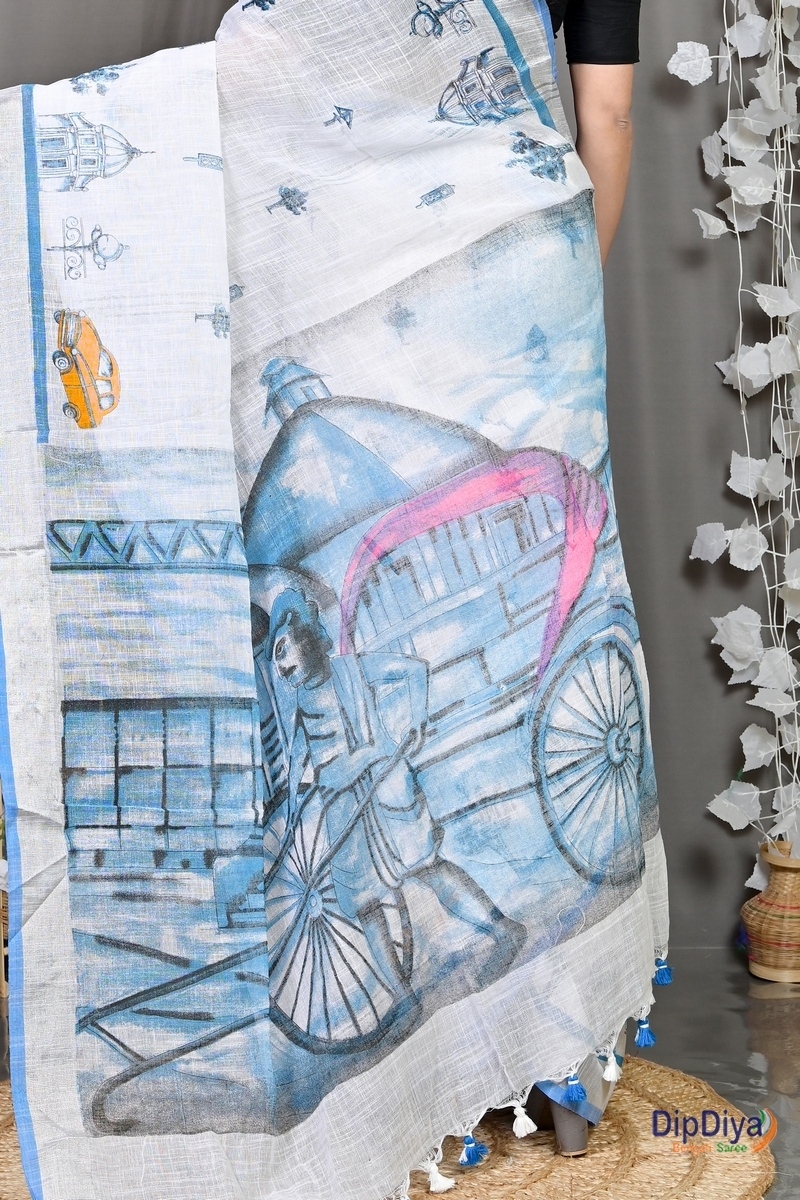 White Blue Pure Cotton Soher Printed Handloom Saree (607)